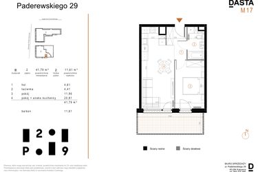 Rzut - Mieszkanie na sprzedaż 2 pokoje o powierzchni 41,79 m² - numer B17 w Paderewskiego 29
