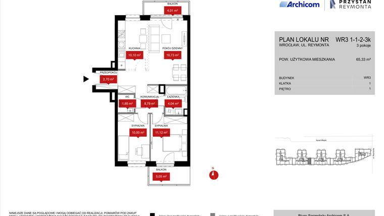 Rzut - Mieszkanie na sprzedaż 3 pokoje o powierzchni 65,33 m² - numer WR3 1/1/2/3k w Przystań Reymonta etap II