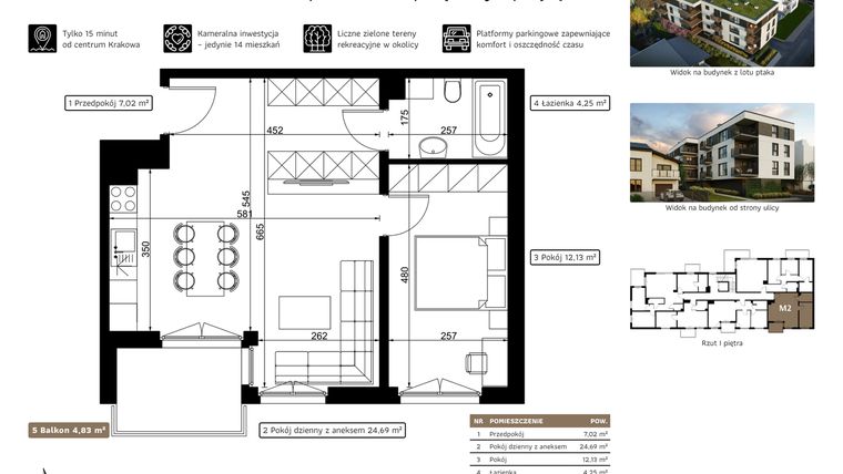 Rzut - Mieszkanie na sprzedaż 2 pokoje o powierzchni 48,09 m² - numer M2 w Dolnomłyńska 5