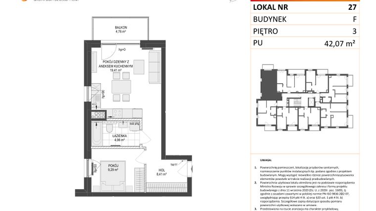 Rzut - Mieszkanie na sprzedaż 2 pokoje o powierzchni 42,07 m² - numer F.27 w Osiedle Warszawska