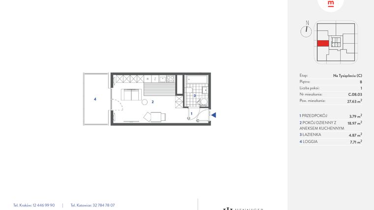 Rzut - Mieszkanie na sprzedaż 1 pokój o powierzchni 27,63 m² - numer C.08.03 w Mieszkaj w mieście - Na Tysiącleciu budynek C