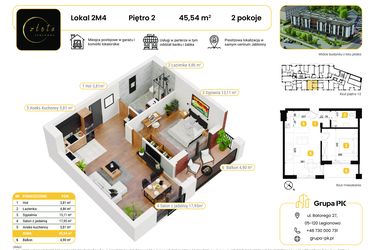 Rzut - Mieszkanie na sprzedaż 2 pokoje o powierzchni 45,54 m² - numer 2M04 w Złota Jabłonna