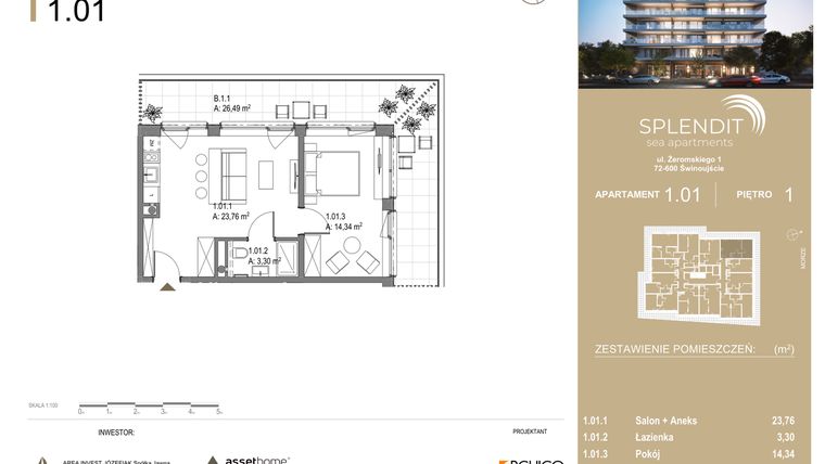 Rzut - Mieszkanie na sprzedaż 2 pokoje o powierzchni 41,4 m² - numer 1.1 w Splendit Świnoujście
