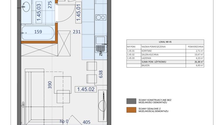 Rzut - Mieszkanie na sprzedaż 1 pokój o powierzchni 26,38 m² - numer 45 w Osiedle Zycha