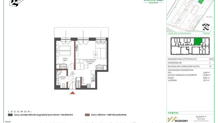 Rzut - Mieszkanie na sprzedaż 2 pokoje o powierzchni 39,89 m² - numer 4 w Osiedle Polna bud. 5