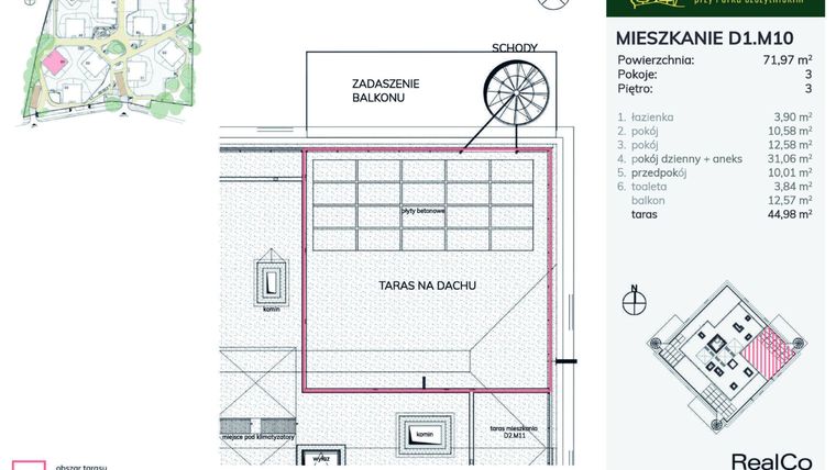 Rzut - Mieszkanie na sprzedaż 3 pokoje o powierzchni 71,97 m² - numer D1.M10 w Apartamenty przy Parku Szczytnickim