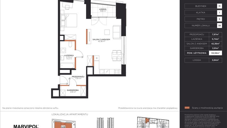 Rzut - Mieszkanie na sprzedaż 1 pokój o powierzchni 59,98 m² - numer M038 w Aleje 138