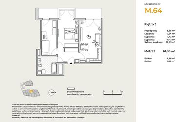Rzut - Mieszkanie na sprzedaż 3 pokoje o powierzchni 61,86 m² - numer M64 w Baja Piaśniki