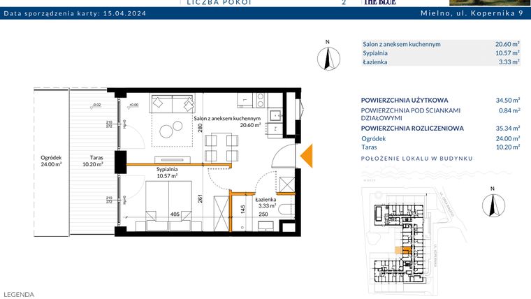 Rzut - Mieszkanie na sprzedaż 2 pokoje o powierzchni 35,34 m² - numer 0.04 w The Blue