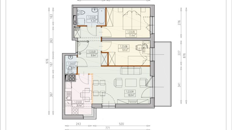 Rzut - Mieszkanie na sprzedaż 3 pokoje o powierzchni 63 m² - numer B 1/3/5/3k w Młodnik