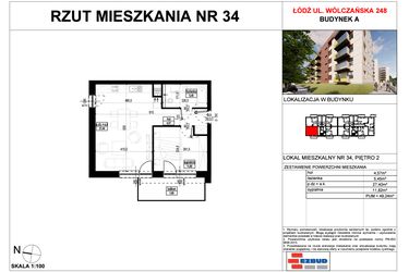Rzut - Mieszkanie na sprzedaż 2 pokoje o powierzchni 49,24 m² - numer A.34 w Wólczańska 248 - etap II