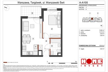 Rzut - Mieszkanie na sprzedaż 2 pokoje o powierzchni 40,44 m² - numer A-A105 w Warszawski Świt etap VII