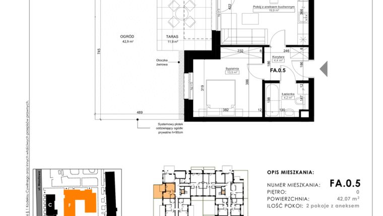 Rzut - Mieszkanie na sprzedaż 2 pokoje o powierzchni 42,07 m² - numer FA.0.5 w Nowy Folwark