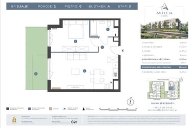 Rzut - Mieszkanie na sprzedaż 2 pokoje o powierzchni 52,17 m² - numer 3.1A.01 w Astelia Park etap 1A i 3