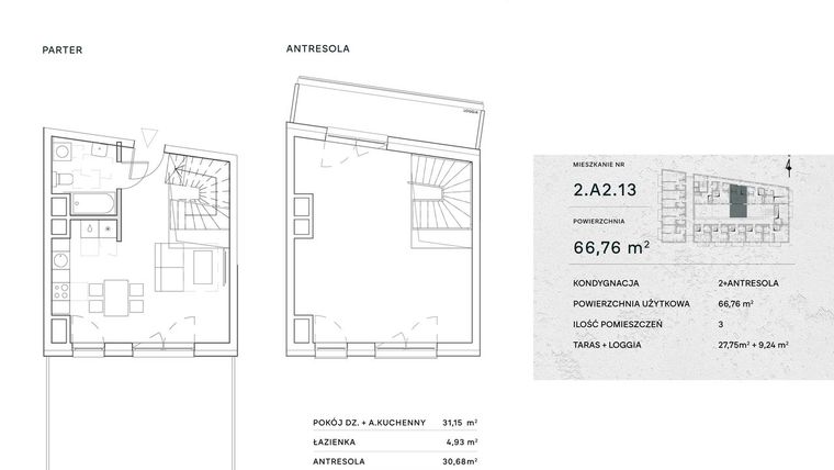 Rzut - Mieszkanie na sprzedaż 2 pokoje o powierzchni 66,76 m² - numer 2.A2.13 w Żernicka Park