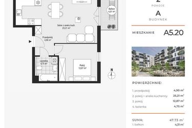 Rzut - Mieszkanie na sprzedaż 2 pokoje o powierzchni 47,75 m² - numer A5.20 w Enklawa Bukowa