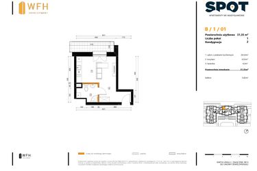 Rzut - Mieszkanie na sprzedaż 1 pokój o powierzchni 31,35 m² - numer B.1.01 w SPOT