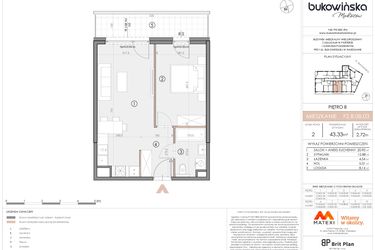 Rzut - Mieszkanie na sprzedaż 2 pokoje o powierzchni 43,3 m² - numer F2.B.08.03 w Bukowińska Mokotów etap 2
