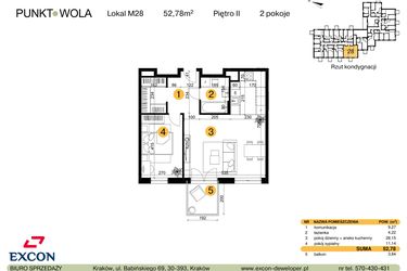 Rzut - Mieszkanie na sprzedaż 2 pokoje o powierzchni 52,78 m² - numer M28 w Punkt Wola