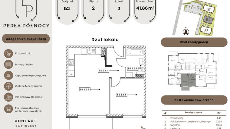 Rzut - Mieszkanie na sprzedaż 2 pokoje o powierzchni 41,86 m² - numer B2.2_3 w Perła Północy etap 2