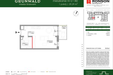 Rzut - Mieszkanie na sprzedaż 1 pokój o powierzchni 29,29 m² - numer D140 w Grunwald Między Drzewami etap III
