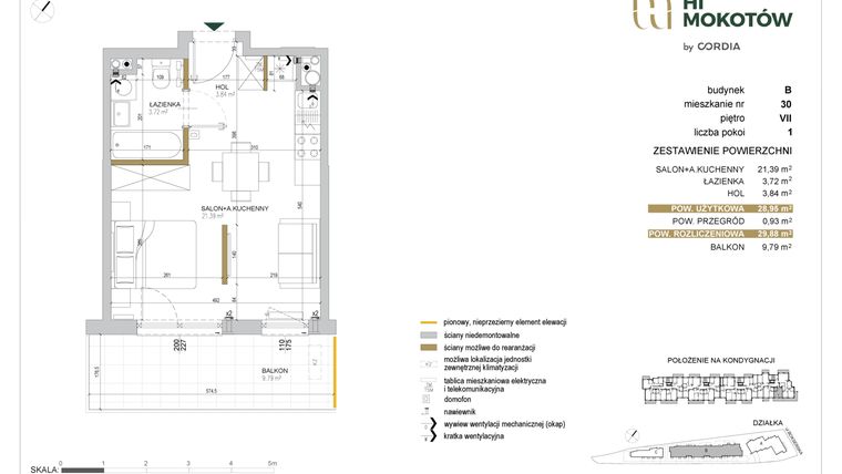 Rzut - Mieszkanie na sprzedaż 1 pokój o powierzchni 29,07 m² - numer A1.B.30 w Hi Mokotów