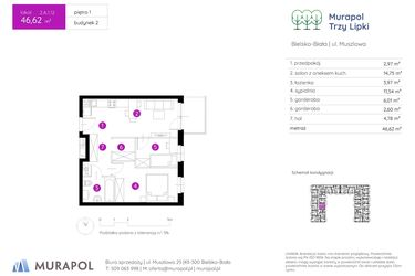 Rzut - Mieszkanie na sprzedaż 2 pokoje o powierzchni 46,62 m² - numer 2.A.1.12 w Murapol Trzy Lipki etap II
