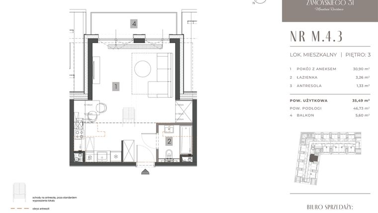Rzut - Mieszkanie na sprzedaż 1 pokój o powierzchni 35,49 m² - numer M.4.3 w Zamoyskiego 31
