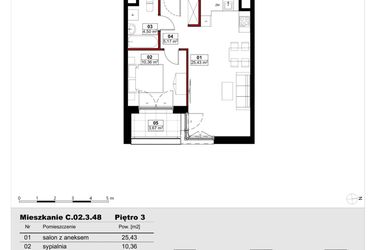 Rzut - Mieszkanie na sprzedaż 2 pokoje o powierzchni 45,46 m² - numer C02.3.48 w Skwer Witosa