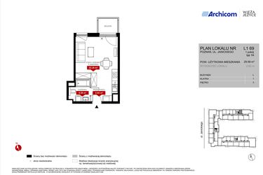 Rzut - Mieszkanie na sprzedaż 1 pokój o powierzchni 29,58 m² - numer L1.69 w Wieża Jeżyce etap VI