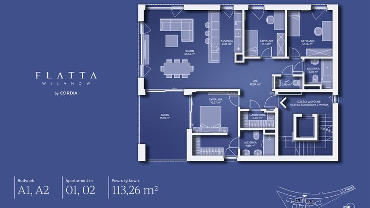 Rzut - Mieszkanie na sprzedaż 4 pokoje o powierzchni 113,26 m² - numer A2.02 w Flatta Wilanów