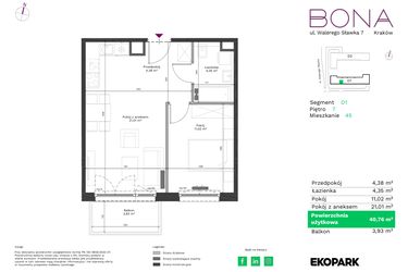 Rzut - Mieszkanie na sprzedaż 2 pokoje o powierzchni 40,76 m² - numer 45 w Bona