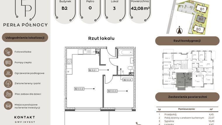 Rzut - Mieszkanie na sprzedaż 2 pokoje o powierzchni 42,08 m² - numer B2.0_3 w Perła Północy etap 2