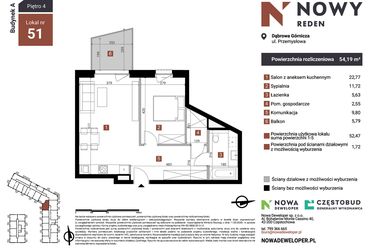 Rzut - Mieszkanie na sprzedaż 2 pokoje o powierzchni 54,19 m² - numer A51 w Nowy Reden