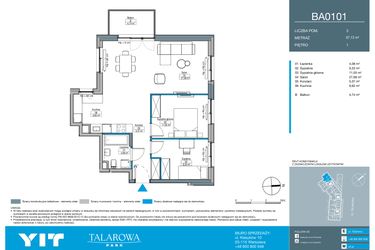 Rzut - Mieszkanie na sprzedaż 3 pokoje o powierzchni 67,13 m² - numer BA0101 w Talarowa Park