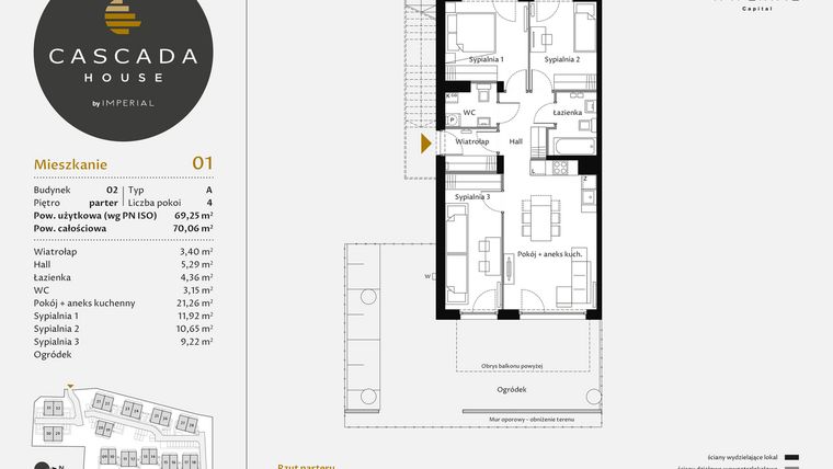 Rzut - Mieszkanie na sprzedaż 4 pokoje o powierzchni 69,49 m² - numer 2.1 w CASCADA House