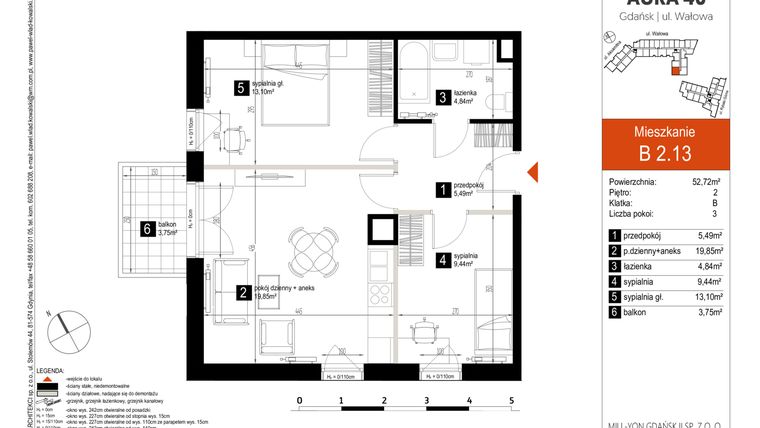 Rzut - Mieszkanie na sprzedaż 3 pokoje o powierzchni 53,62 m² - numer B.2.13 w Aura 40