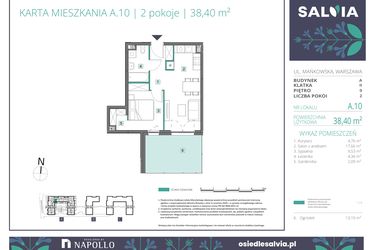 Rzut - Mieszkanie na sprzedaż 2 pokoje o powierzchni 38,4 m² - numer A.10 w Osiedle Salvia