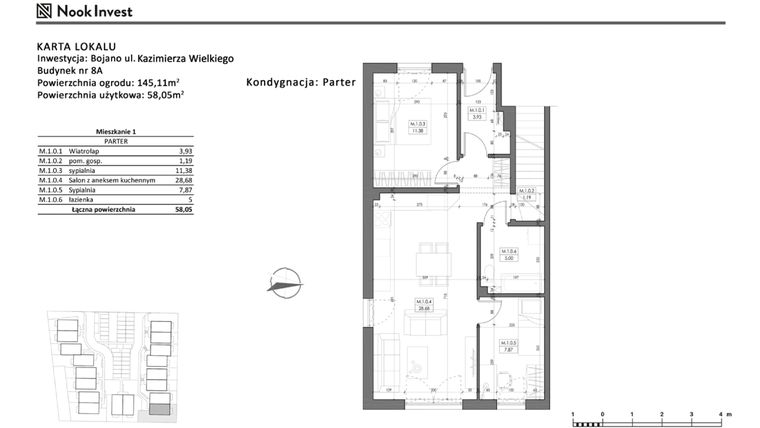 Rzut - Mieszkanie na sprzedaż 3 pokoje o powierzchni 58,05 m² - numer 8A w Bojano, ul. Kazimierza Wielkiego