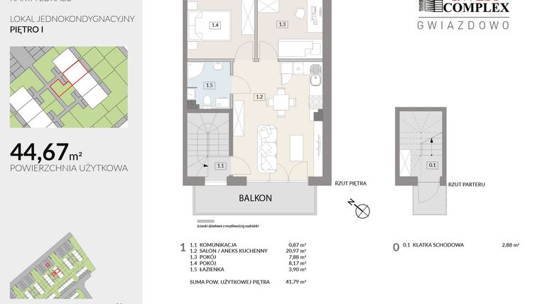 Rzut - Mieszkanie na sprzedaż 3 pokoje o powierzchni 44,67 m² - numer A54.2 w Osiedle Gwiazdowo etap 6B