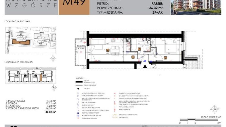 Rzut - Mieszkanie na sprzedaż 2 pokoje o powierzchni 36,32 m² - numer B2.49 w Koncertowe Wzgórze