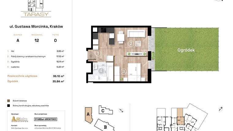 Rzut - Mieszkanie na sprzedaż 2 pokoje o powierzchni 36,1 m² - numer A12 w Krzesławickie Tarasy