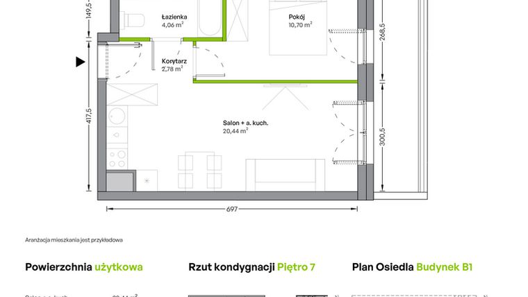 Rzut - Mieszkanie na sprzedaż 2 pokoje o powierzchni 37,98 m² - numer B.07.01.07 w WUWA Vita