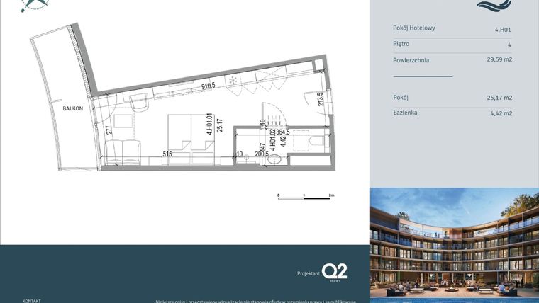 Rzut - Mieszkanie na sprzedaż 1 pokój o powierzchni 29,59 m² - numer 4.H01 w Linea Mare - apartamenty inwestycyjne