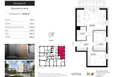 Rzut - Mieszkanie na sprzedaż 3 pokoje o powierzchni 52,28 m² - numer 4 w Novum Rumia - bud. 22