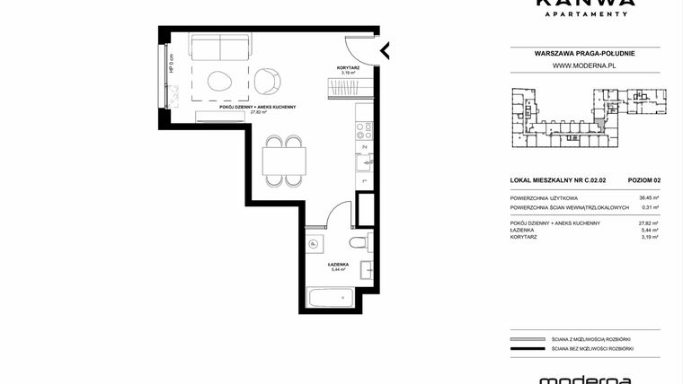 Rzut - Mieszkanie na sprzedaż 1 pokój o powierzchni 36,45 m² - numer C.02.02 w KANWA