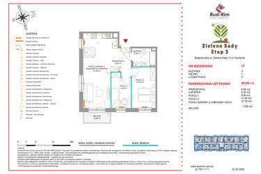 Rzut - Mieszkanie na sprzedaż 3 pokoje o powierzchni 59,95 m² - numer 17 w Zielone Sady etap III B2