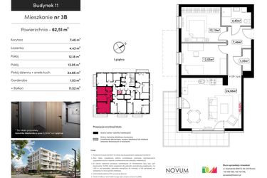 Rzut - Mieszkanie na sprzedaż 3 pokoje o powierzchni 62,51 m² - numer B11.M3B w Novum Rumia