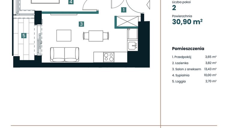 Rzut - Mieszkanie na sprzedaż 1 pokój o powierzchni 30,9 m² - numer M503 w Sea Breeze