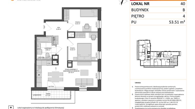 Rzut - Mieszkanie na sprzedaż 3 pokoje o powierzchni 53,51 m² - numer B.40 w Wzgórze Hoplity etap II